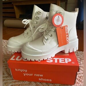 White Combat Moto Boots with Platform Sole